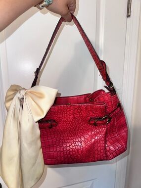 Jessica Simpson Red Croc-Embossed Shoulder Bag with Ivory Bow